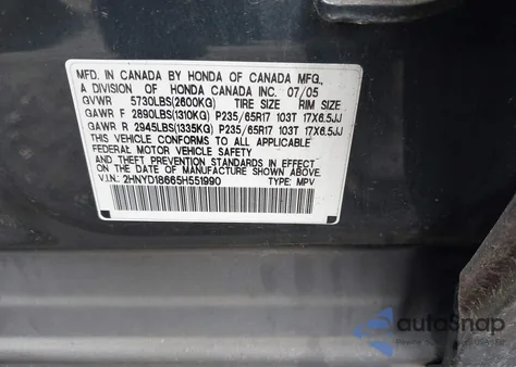 2005 Acura Mdx from USA, damaged, VIN 2HNYD18665H551990